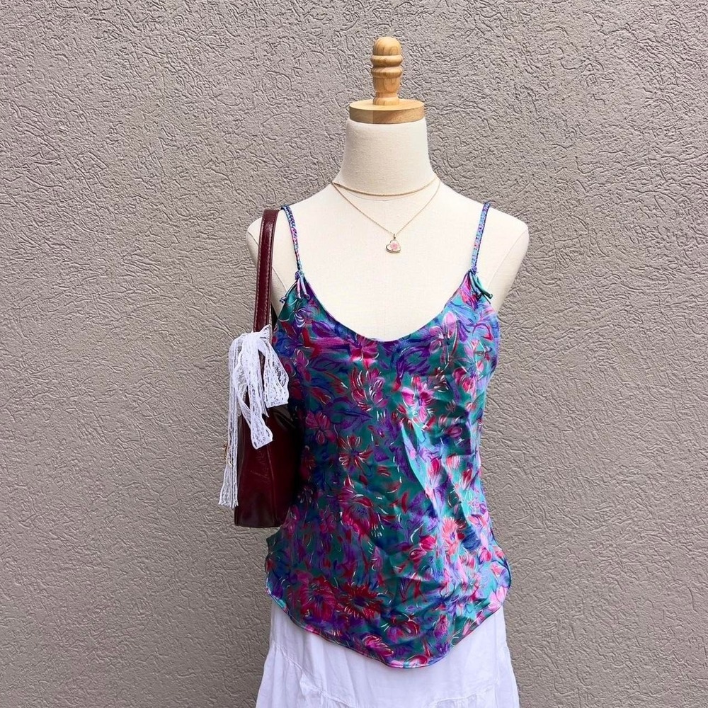 Vintage Teal Colorful Satin Cami Top Lingerie Size Medium Preppy Summer‎